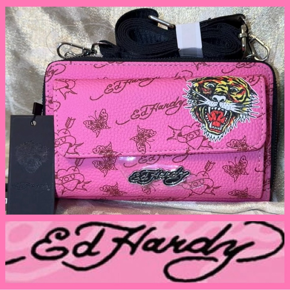 Ed Hardy Pink Crossbody Wallet w Tiger Motif Bubblegum Barbie Pink